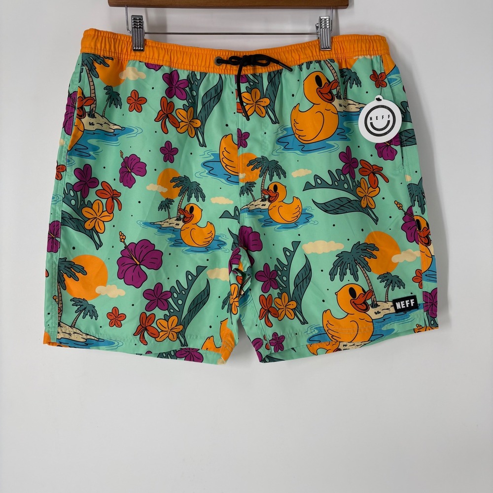 Neff Mens XL Rubber Duck Tropical Swim Trunks Mint Green Orange Board Shorts NEW